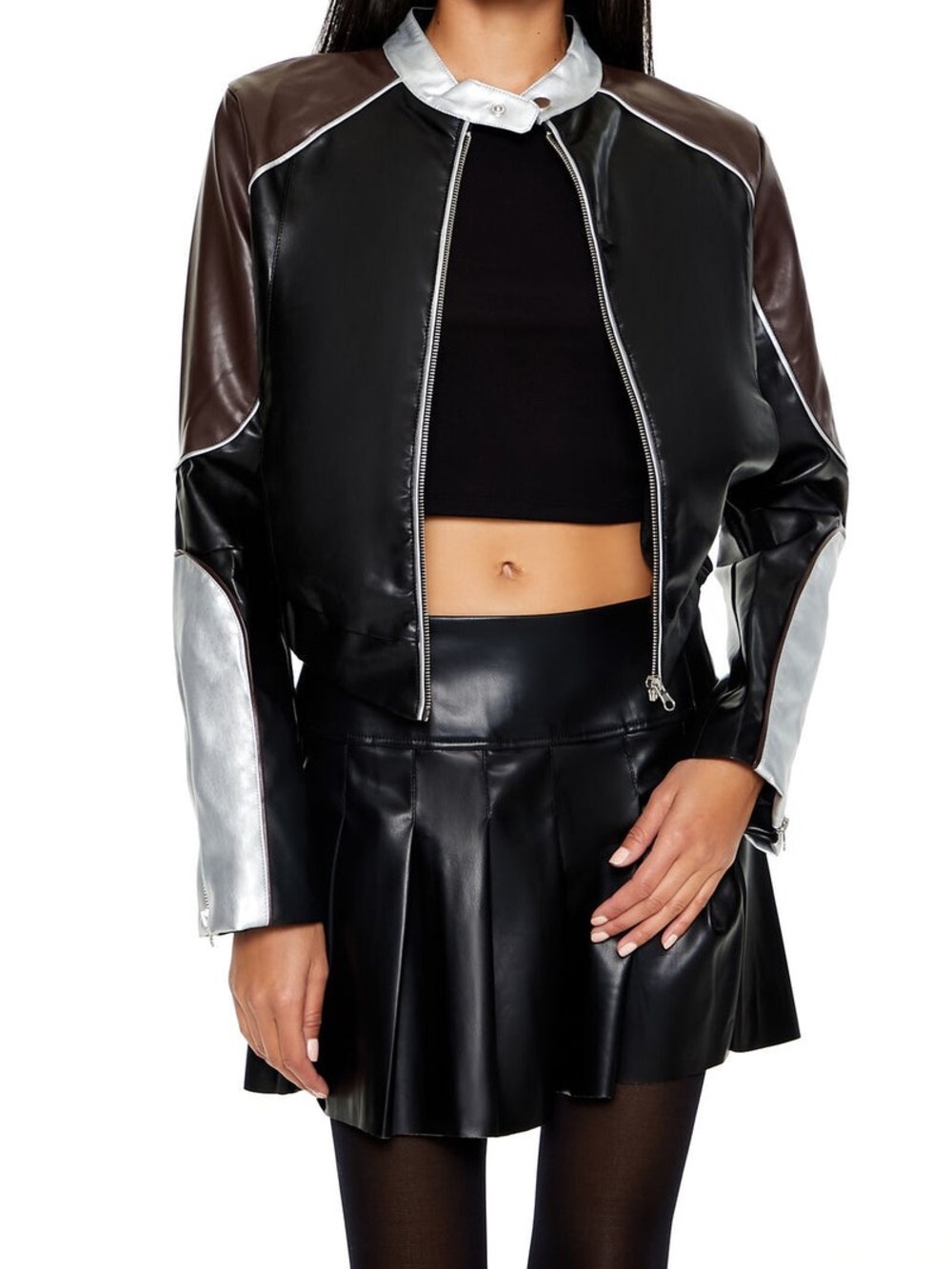 HYFVE Faux Leather Moto Jacket Colorblock Silver Brown Black Hunger Games